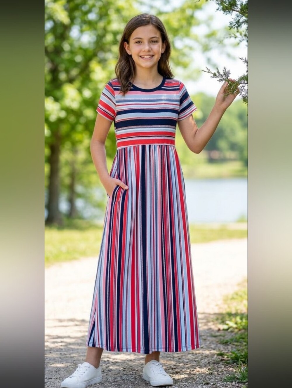 GORLYA Girl’s Maxi Dress 12 Red/Black Stripe Short Sleeve Pockets Elastic Waist